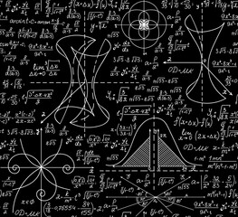 Scientific vector seamless pattern with math equations, formulas and figures