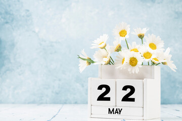 cube calendar for May with daisy flowers over blue with copy space