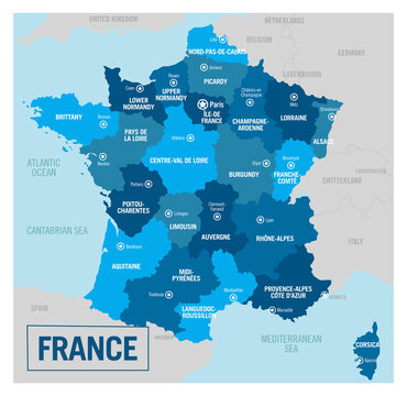 France country political map. Detailed vector illustration with isolated provinces, departments, regions, cities, islands and states easy to ungroup.