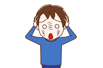 白目になってどうしようか頭を抱えて慌てる少年