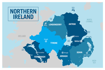 Northern Ireland country political map. Detailed vector illustration with isolated provinces, departments, regions, counties, cities, islands and states easy to ungroup.