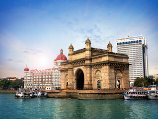 Gateway of India, famous hotel Mumbai Maharashtra monument landmark famous place  magnificent view without people with copy space for advertising Mumbai city - obrazy, fototapety, plakaty