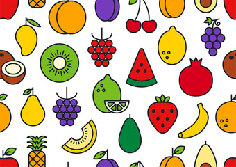 Vector seamless pattern, endless texture with fruits. Set of isolated linear color icons. Contour, shape, outline. Healthy food and vitamins