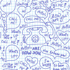 Vector seamless pattern with hand drawn retro phones and small talk phrases