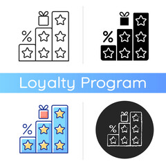 More points and rewards icon. Tier program. Tiered loyalty program. Purchasing things and getting bonuses. Discounts. Linear black and RGB color styles. Isolated vector illustrations