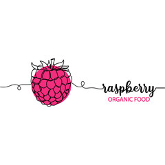 Organic food concept.Continuous one line drawing of raspberry. Minimal style. Perfect for cards, party invitations, posters, stickers, clothing. Vegetarian concept