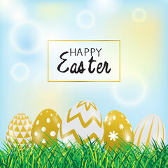 Vector Easter eggs in green grass blue sky nature background.