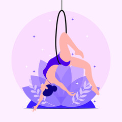 Aerial dancer  vector illustration. Young woman performer on a hoop. Aerial dancer logo icon. Silhouette of a gymnast in the hoop . Air gymnastics concept. Aerial yoga. Flexible dancer on the hoop