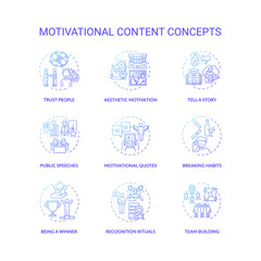 Motivational content concept icons set. Making people feeling inspirational idea thin line RGB color illustrations. Achieving goals and willingness. Vector isolated outline drawings