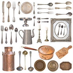 Set of copper and metal vintage cookware isolated on white background