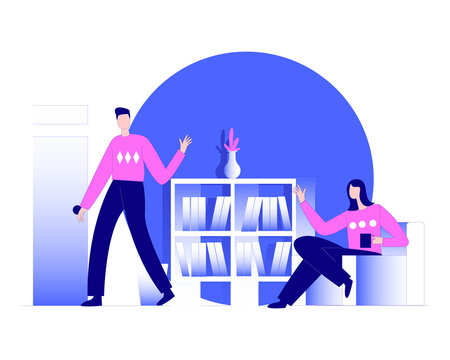 Couple goodbye Meetup illustration concept, a boy come to meet up her friend, girl say bye her friend after home meeting