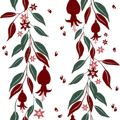 Seamless pomegranate pattern with leaves, branches, flowers on a white background