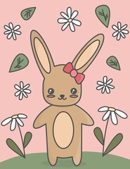 cute cartoon bunny and flowers colorful illustration for greeting card