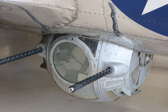 50 Caliber Machine Guns On B-17 From A Ball Turret Gunner Position, World War 2, Flying Fortress Bomber That Flew Over Germany And Japan Where A Gunner Watched The Belly Of The Plane 