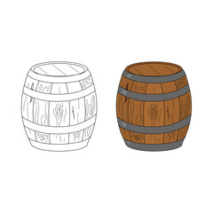 Wooden barrel. Pirate barrel of rum. Coloring book. Hand drawing. cartoon style. Vector illustration.