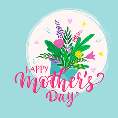 Card design with spring flowers in the the envelope and lettering Happy Mother's Day. Vector  flat color illustration with brush texture. 