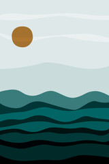 minimalist landscape, the sun, the blue mountains. monochrome Vector illustration