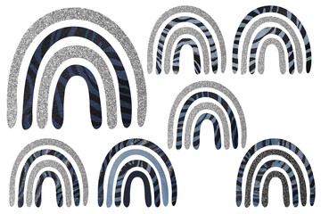 Denim rainbows with zebra skin leather- print. Clip art set on white background