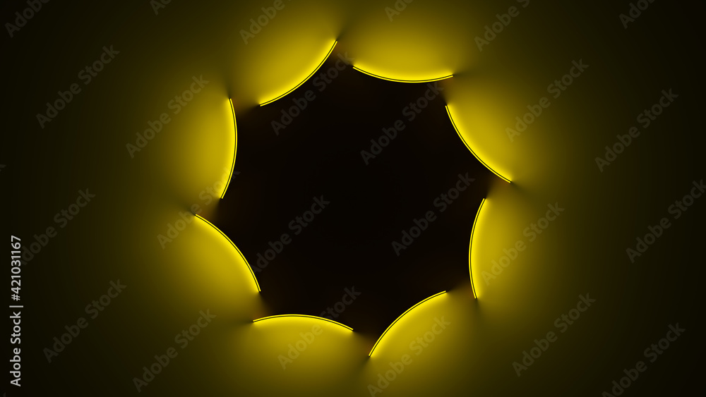 Poster circle with inner yellow light split to parts and transfrom to outer glow. abstract seamless loop an