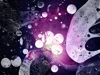 Abstract composition with purple cosmos illustration made with ink in water. Inkscape space design.