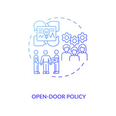 Open-door policy concept icon. Opportunity of choosing idea for projects idea thin line illustration. Speaker of motivational conference. Coaching. Vector isolated outline RGB color drawing