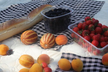 summer food picninc background presented by fresh bread, berries and fruits
