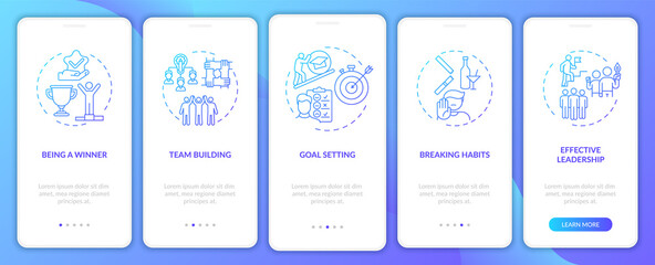 Motivational content types onboarding mobile app page screen with concepts. Learning to break habits walkthrough 5 steps graphic instructions. UI vector template with RGB color illustrations