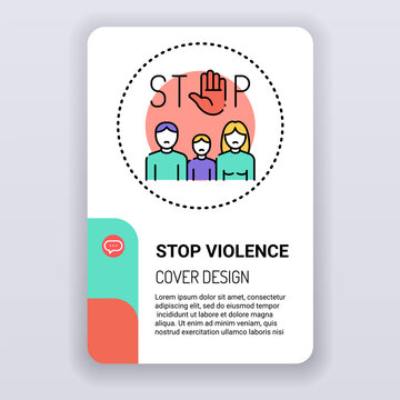 Stop violence brochure template. cover design. Family bullying. Print design with linear illustration cartoon character on a white background