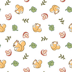 Seamless Pattern with Squirrel, Mushroom and Leaf Illustration Design on White Background