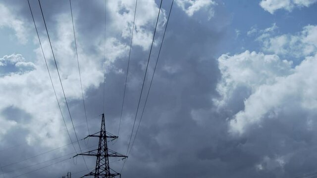 Transmission Tower, High Voltage Line, Voltage, Power Grid, Electric Line, Outdoor Structure, Power Supply, Overhead Power Line, Outdoor Installation Equipment and Cloud and Sky Time Lapse.