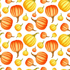 Round Orange pumpkin. Seamless watercolor pattern with Orange round Gourd on white backdrop. Design for the menu, diet, proper nutrition, autumn harvest. Can be used for printed materials.