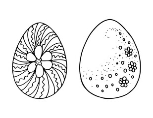 Set of black and white contour vector sketches of Easter eggs. Two eggs with different patterns. Drawn in doodle style by outline.