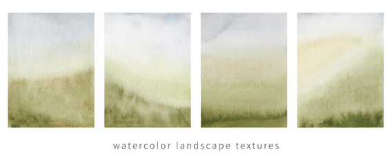 Watercolor abstract green landscape texture background set. Hand painted abstract nature illustration for greeting cards, invitation, blog background, social media, posters and other. © viktoriiavk
