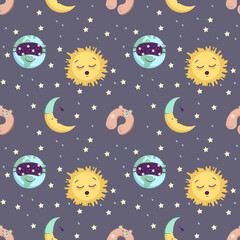 Seamless pattern with sun, earth and moon