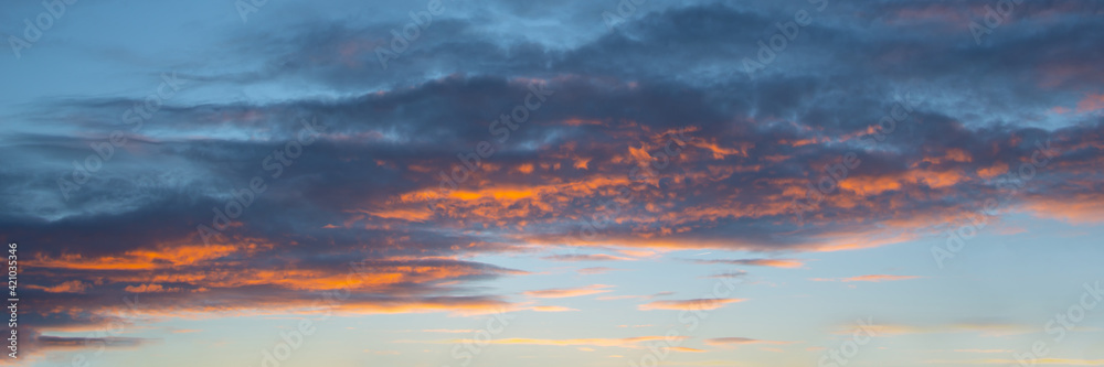 Wall mural colorful sky with clouds at sunset, panoramic nature background and web banner