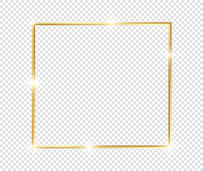 Gold shiny glowing frame with shadows isolated on transparent background. Golden luxury vintage realistic rectangle border. illustration - Vector