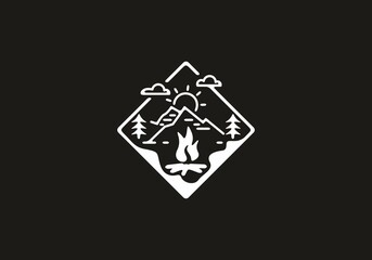 Black and white of bonfire in the jungle line art illustration