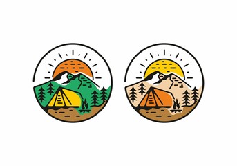 Colorful camping area line art illustration in circle