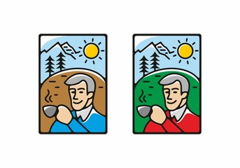 Colorful line art style illustration of drinking coffee