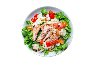 Healthy food concept. Grilled chicken breast salad with fresh red tomato, green lettuce, and mozzarella cheese on a white dish isolated on white background.