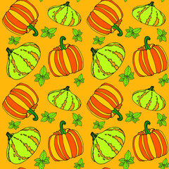 Pumpkin on a yellow background, texture for design, seamless pattern, vector illustration