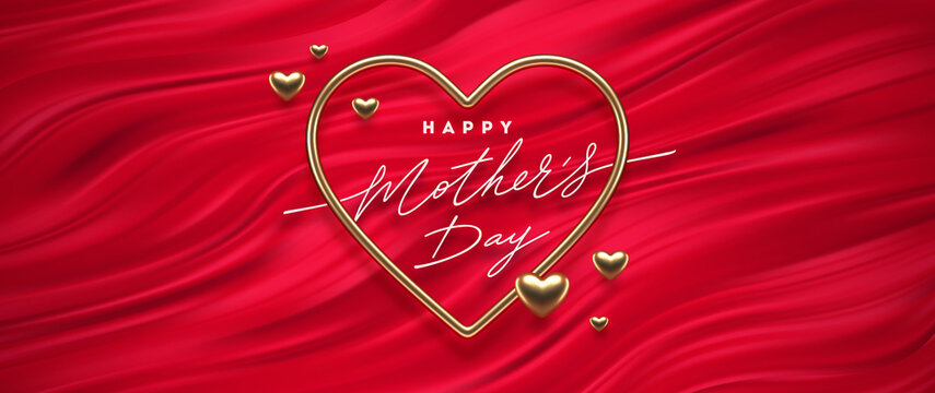 Mothers day calligraphic greeting in heart shaped golden frame on a red fluid waves background. Love symbol - realistic golden metal 3d hearts. Vector illustration.