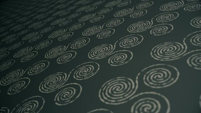 A repeating pattern of decorative Celtic triskele spirals moving towards the camera. This symbolic Irish styled motion background is full HD and a seamless loop.