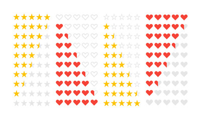 Rating in different styles. Star and hearts rating set. Vector illustration.