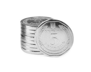 Ukrainian coins isolated on white. National currency