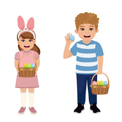 Happy easter. Children with baskets full of eggs. A boy and a girl. Vector illustration.