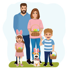 Happy easter. Cheerful family with baskets full of eggs. Dad, mom, son and daughter. Vector illustration.