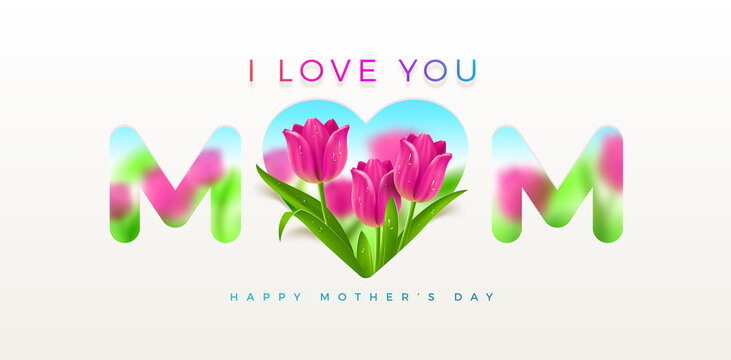 Mothers day greeting card - design with heart and tulips flowers. Vector illustration.