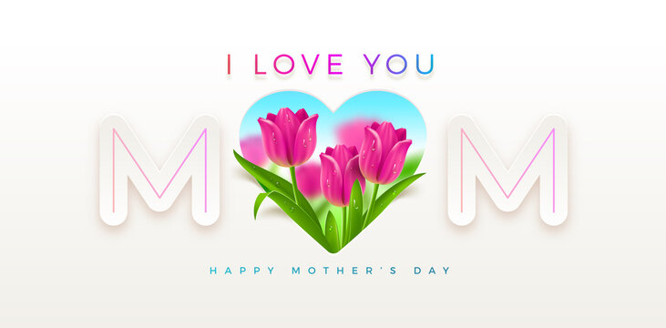 Mothers day greeting card - design with heart and tulips flowers. Vector illustration.