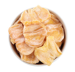 Delicious dried jackfruit slices in bowl isolated on white, top view